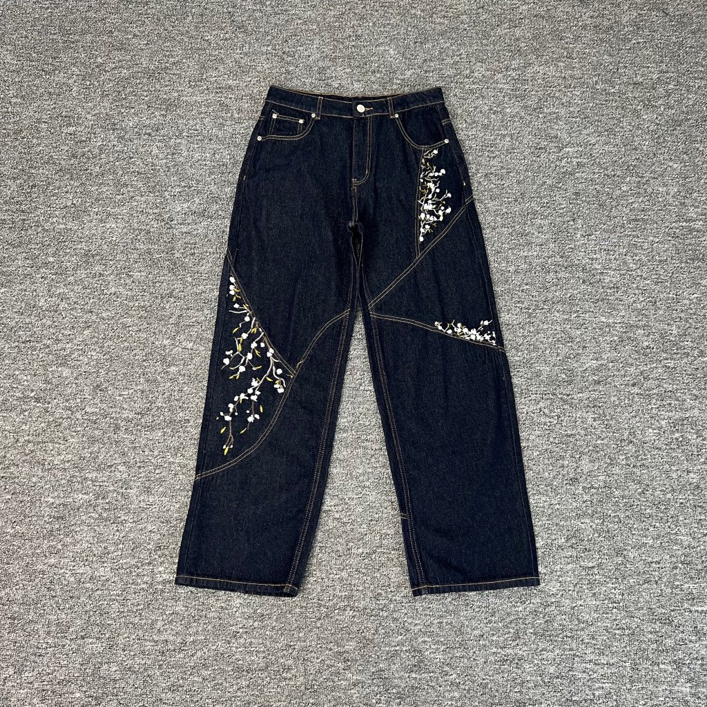 Derschutze trendy floral embroidered patchwork jeans for men and women, high street style, loose straight leg casual trousers.