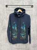 WHO DECIDES WAR Gothic Window Graphic Hoodie Navy Blue Unisex Oversized Streetwear Pullover