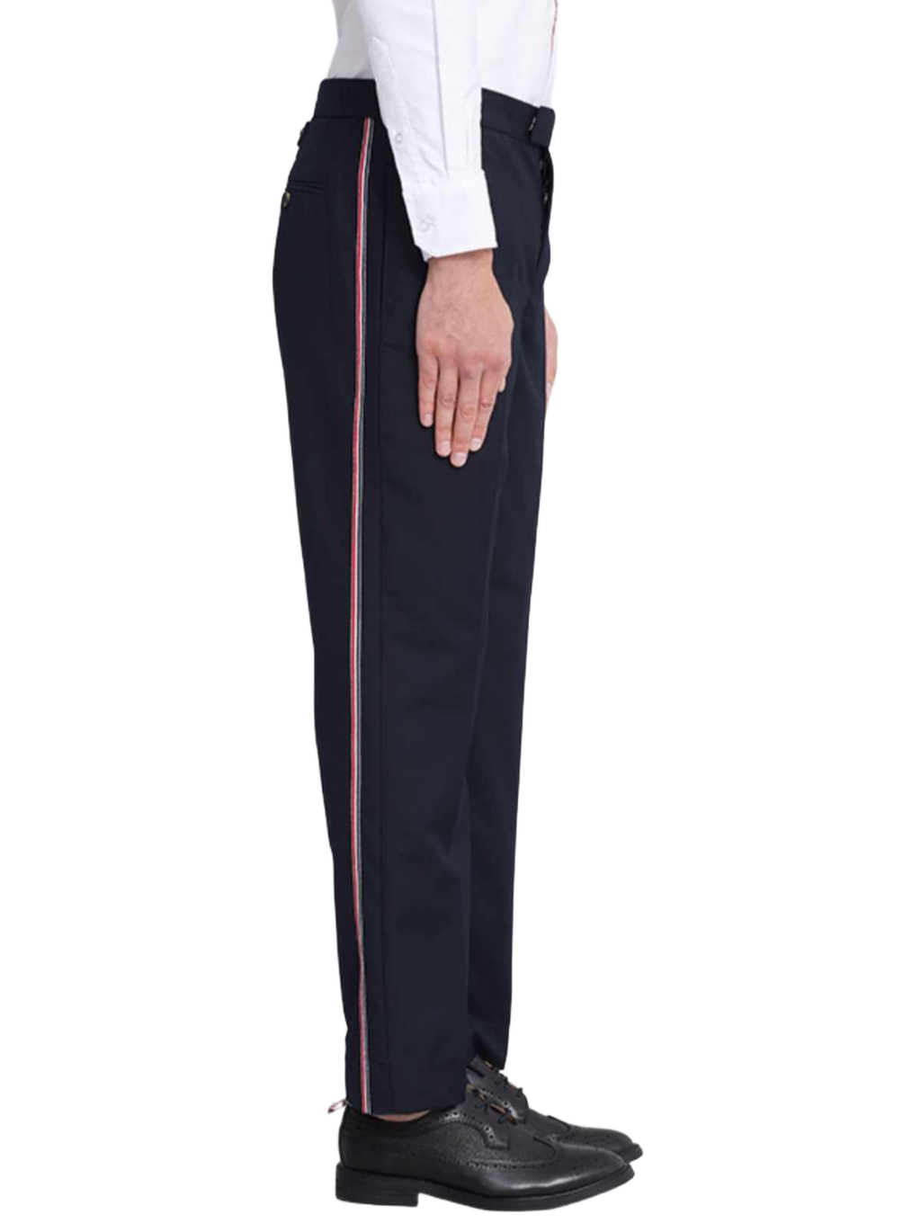 Thom Browne Style Men's Casual Trousers - 100% Wool with Adjustable Backstrap with Signature Four-Bar...