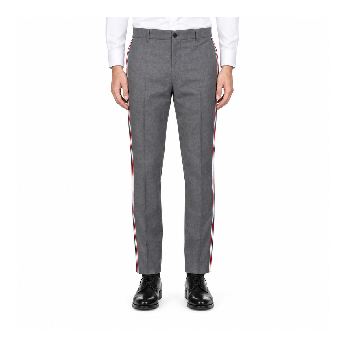 Thom Browne Style Men's Casual Trousers - 100% Wool with Adjustable Backstrap with Signature Four-Bar...