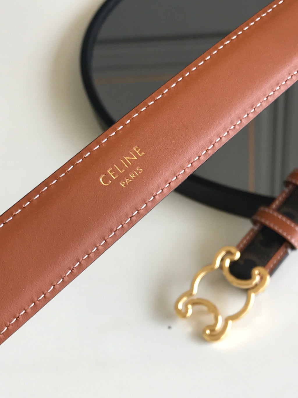 CELINE 25S BELT TRIOMPHE 25MM IN BROWN CALFSKIN AND CANVAS 559678