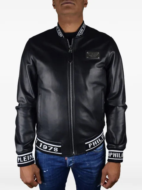 Philipp Plein logo leather bomber jacket