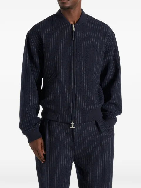 Manière De Voir Leandro in navy pinstripe wool bomber jacket