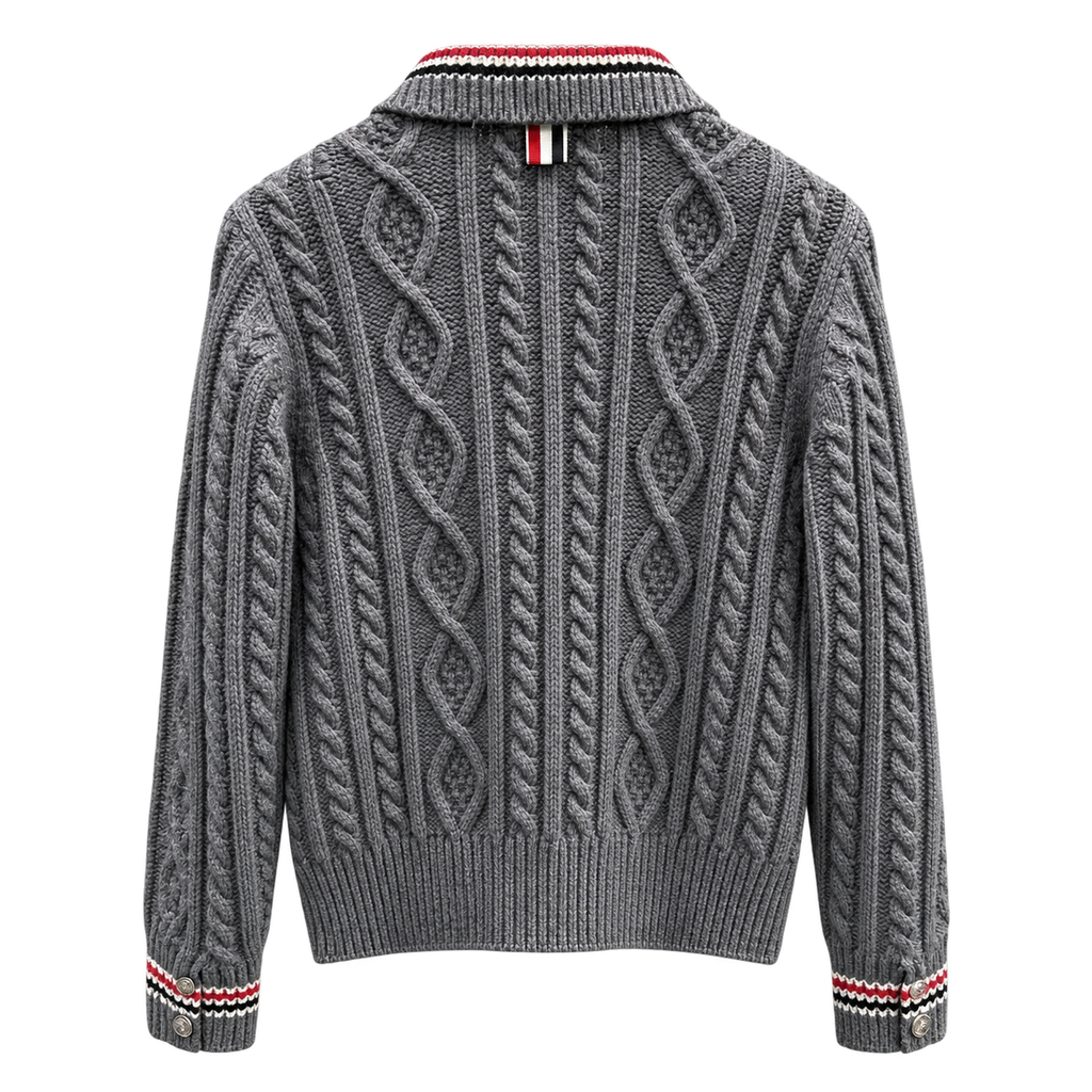 Thom Browne Style Gray Cable-Knit Collared Cardigan