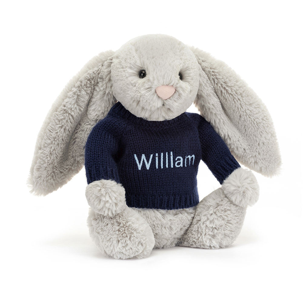 Bashful Silver Bunny with Personalized Navy Jumper