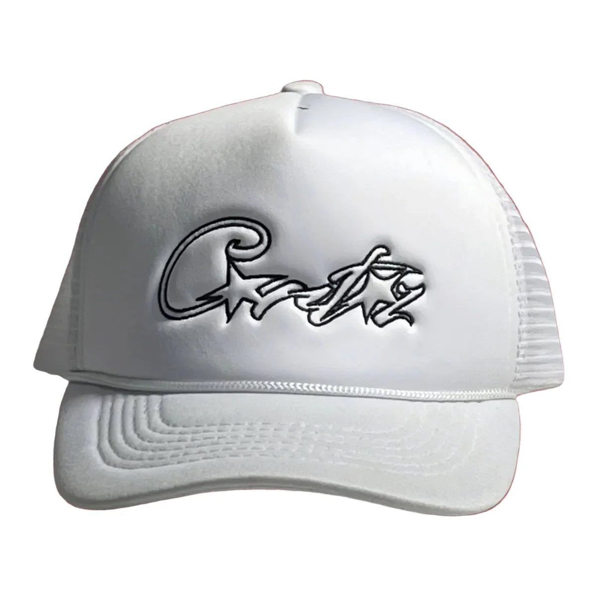 Corteiz Vintage White Trucker Hat with Black Script and Star Graphic