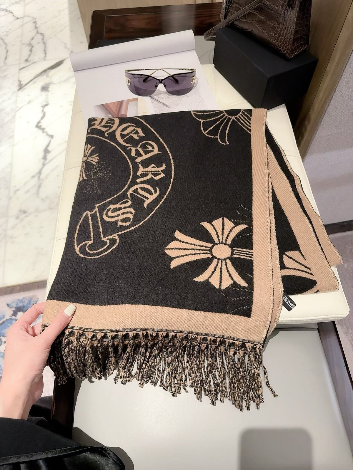 Chrome Hearts Style Cross Emblem Fringe Scarf
