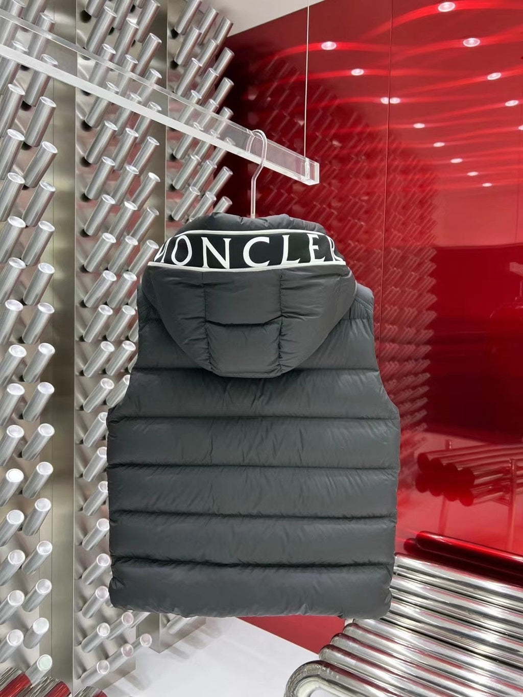 Moncler Hooded Puffer Vest in Black with White Trim