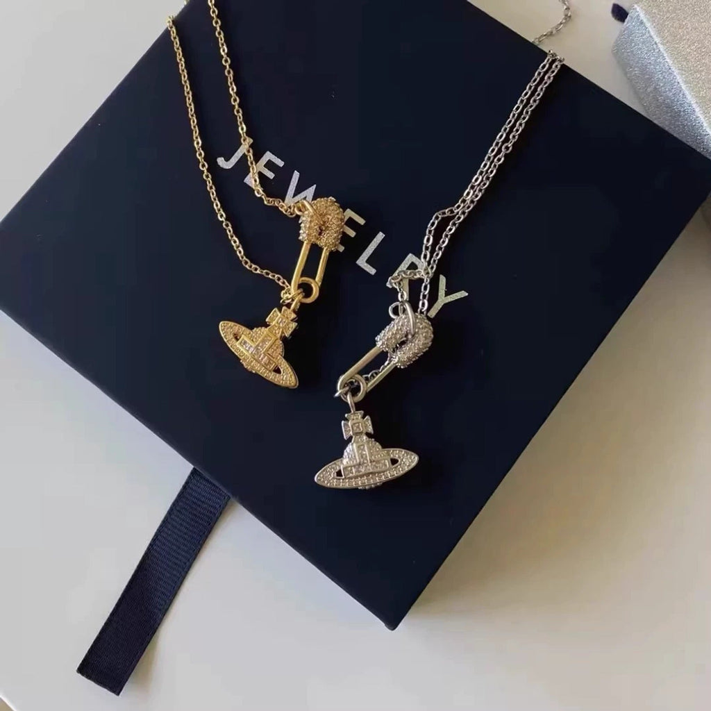 Vivienne Westwood Style Openwork Safety Pin Orb Necklace