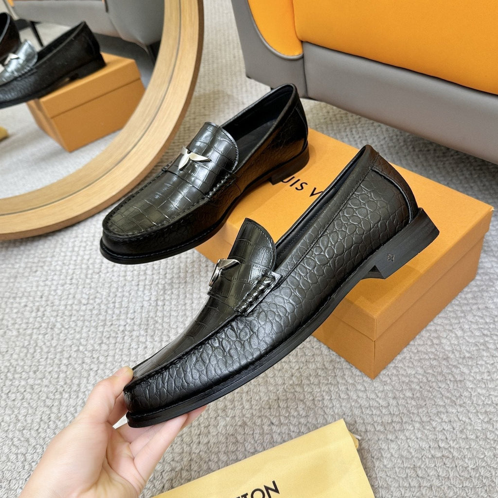 Louis Vuitton Men's Black Embossed Leather Loafers