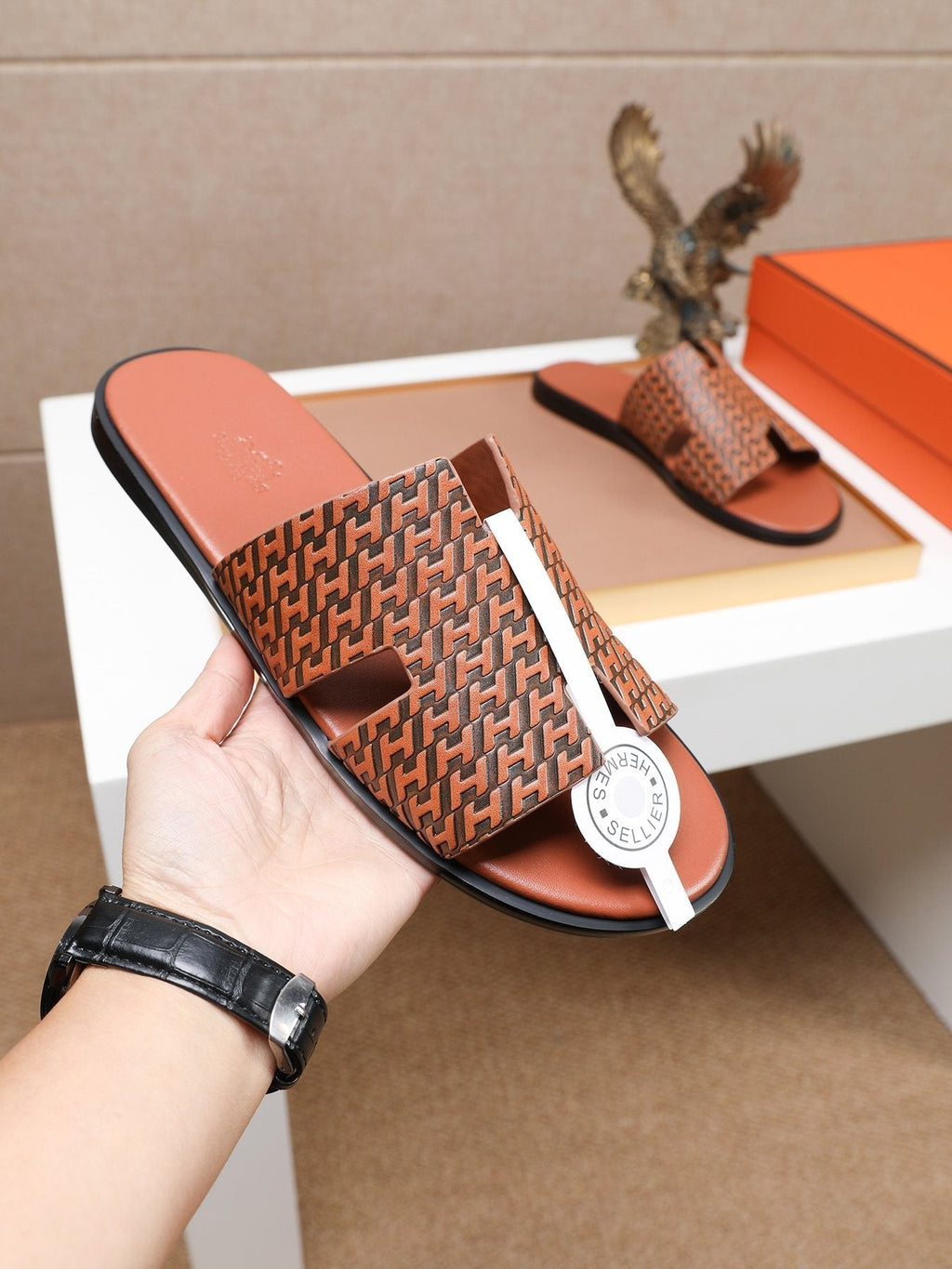 Hermes Brown Patterned H Slide Sandals