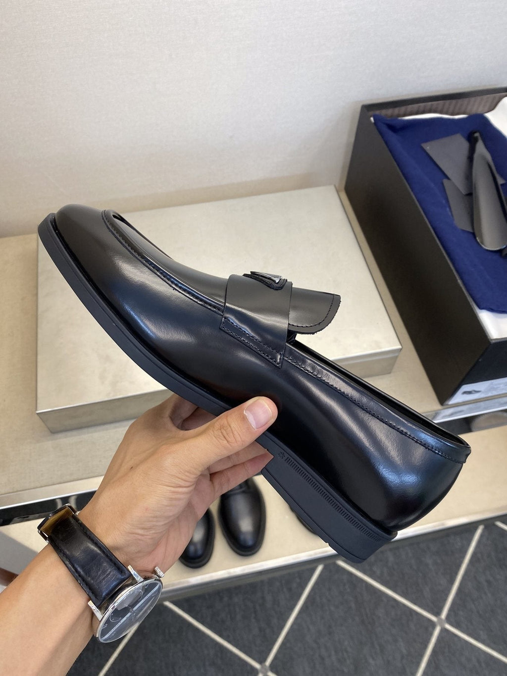 Prada Black Triangle Plaque Loafers