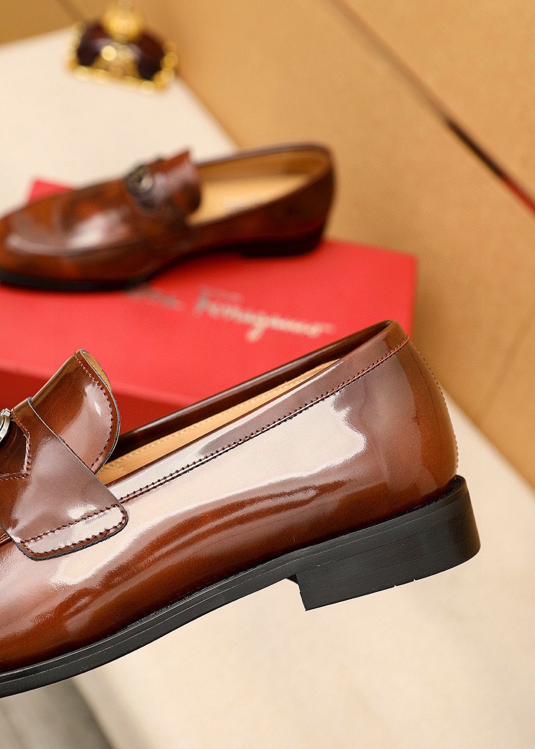 Ferragamo Brown Leather Metal-Detail Loafers