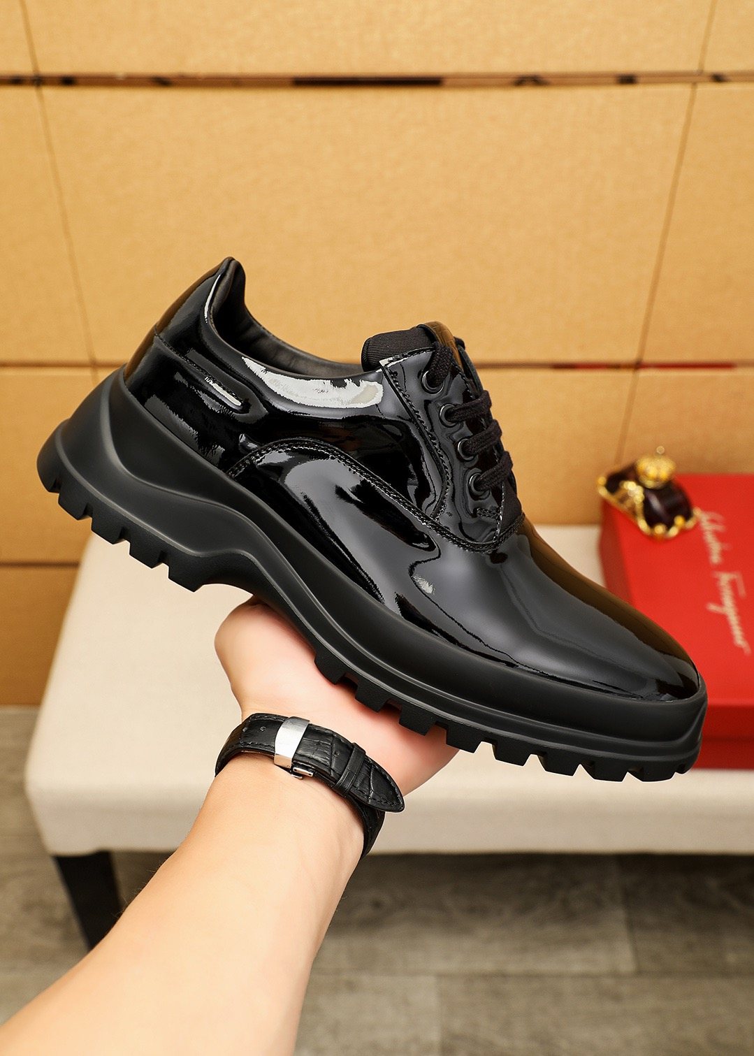 Ferragamo Black Patent Leather Lace-Up Shoes