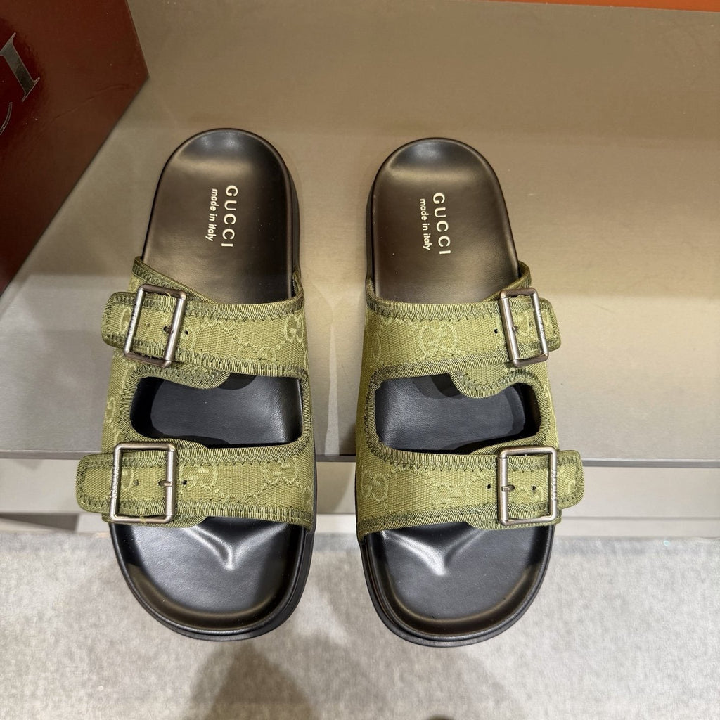 Gucci Men's Double-Buckle Monogram Slide Sandals