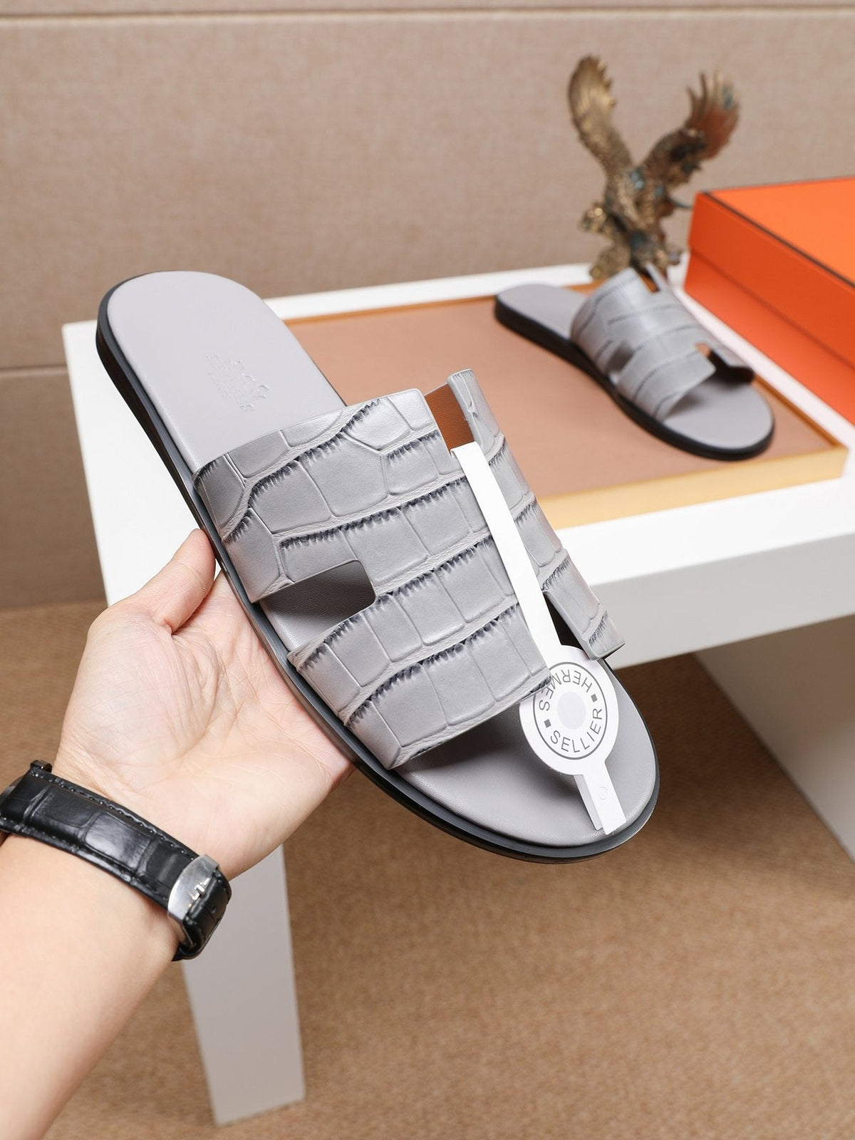 Hermes Textured H Slide Sandals