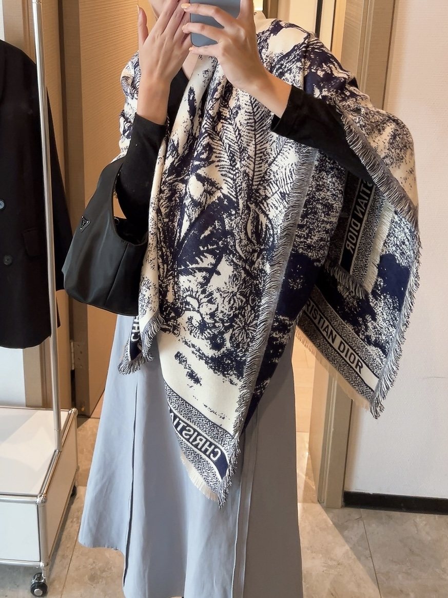 Dior Botanical Print Fringe Square Scarf