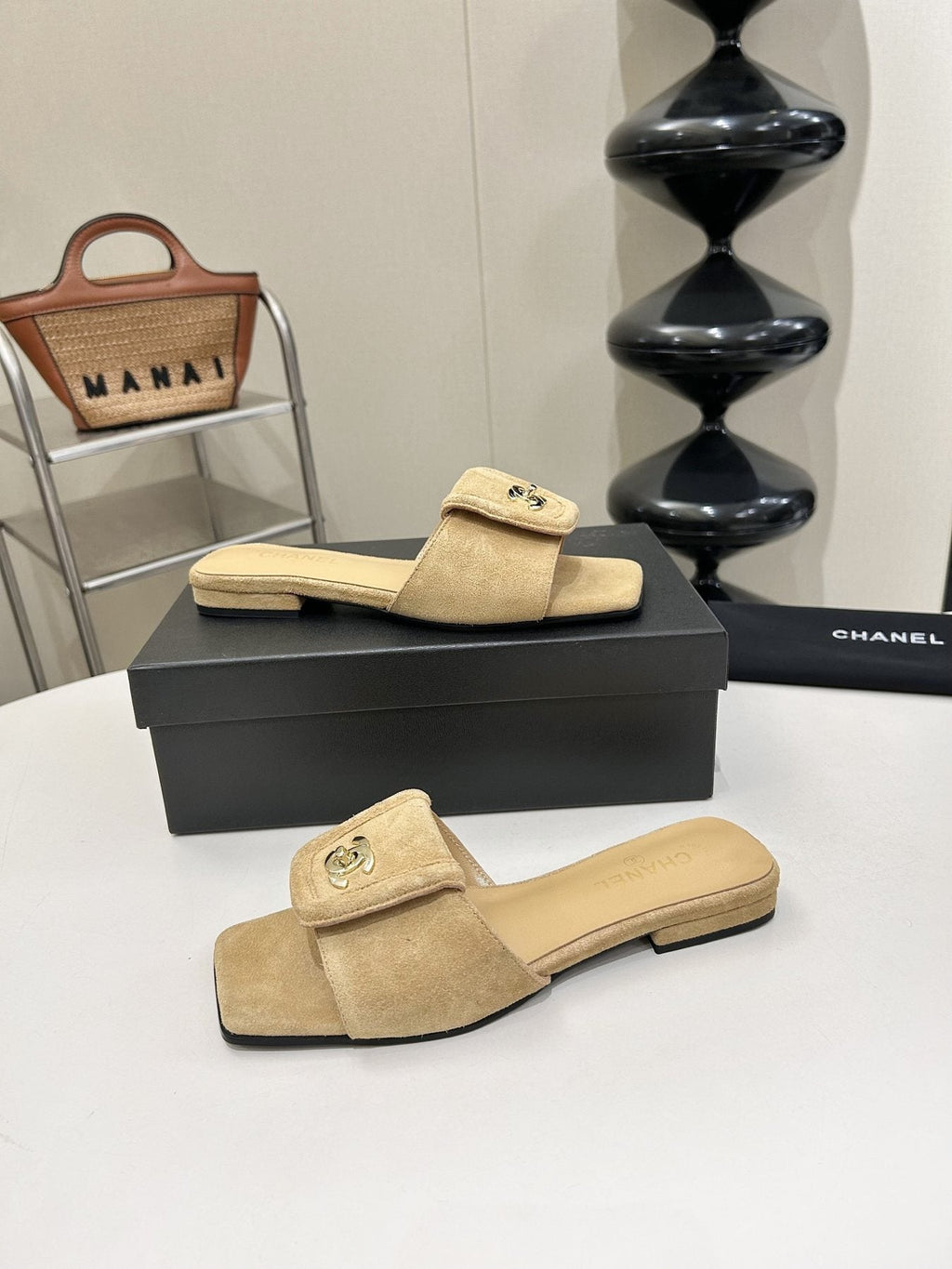 Chanel Square-Toe Emblem Slide Sandals